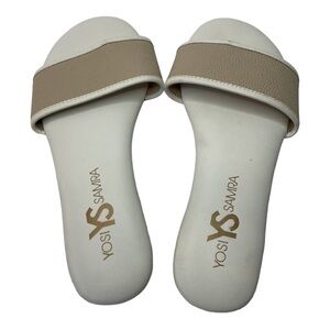 Yosi Samra Rory Beige & Biscotti Cowhide Padded Foot Bed Slides Sandal Size 5